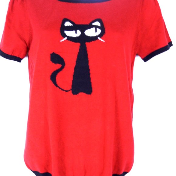 Women's Short Sleeve Crewneck Cat Print Casual T-Shirt Sweater - Picture 4 of 4